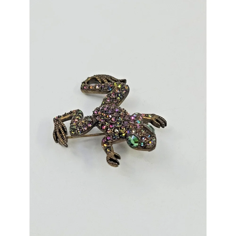 Vintage Kirks Folly Rainbow Crystal Frog Brooch Pin Multicolor Sparkle